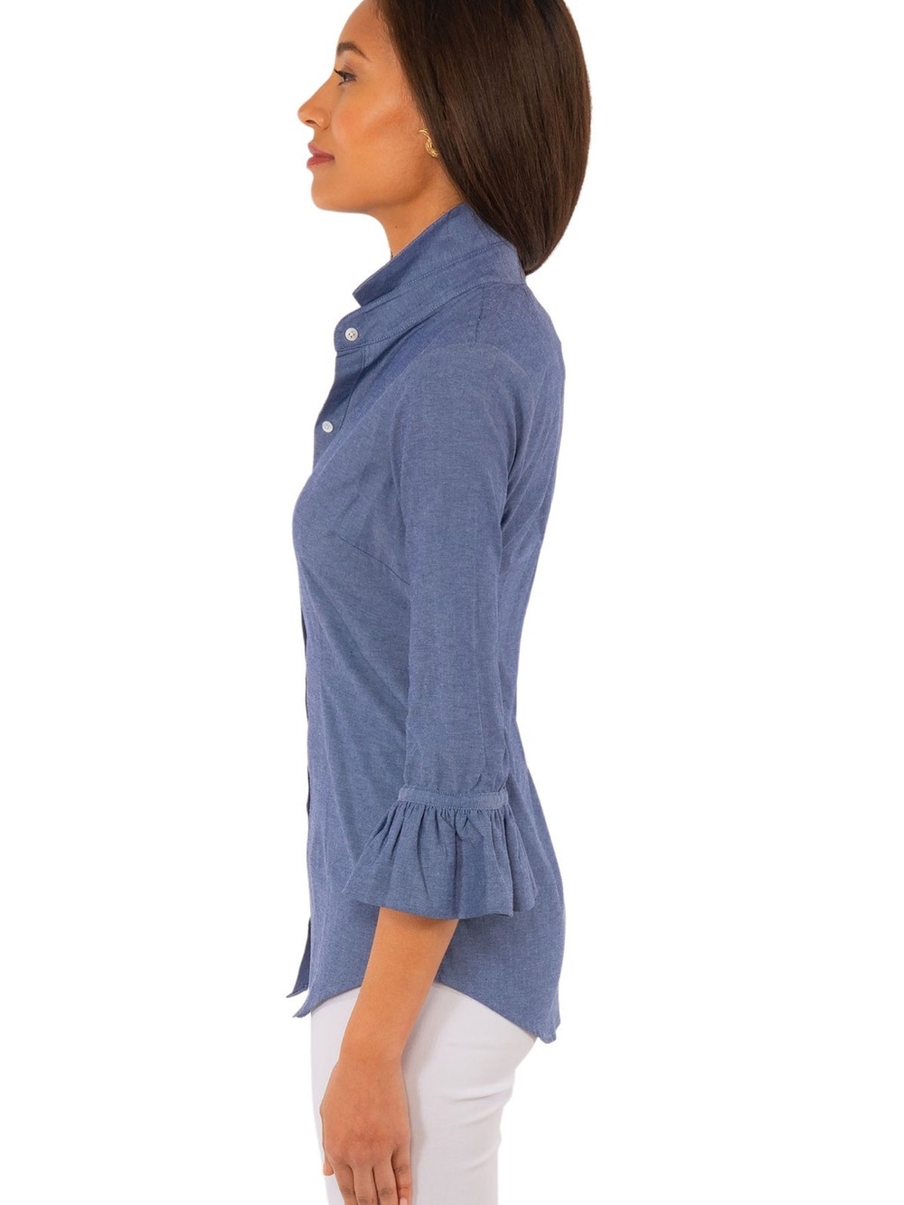 Gretchen Scott L Classic Ruffle Sleeve Button-Up Chambray Shirt Southern Cottage - Picture 3 of 11
